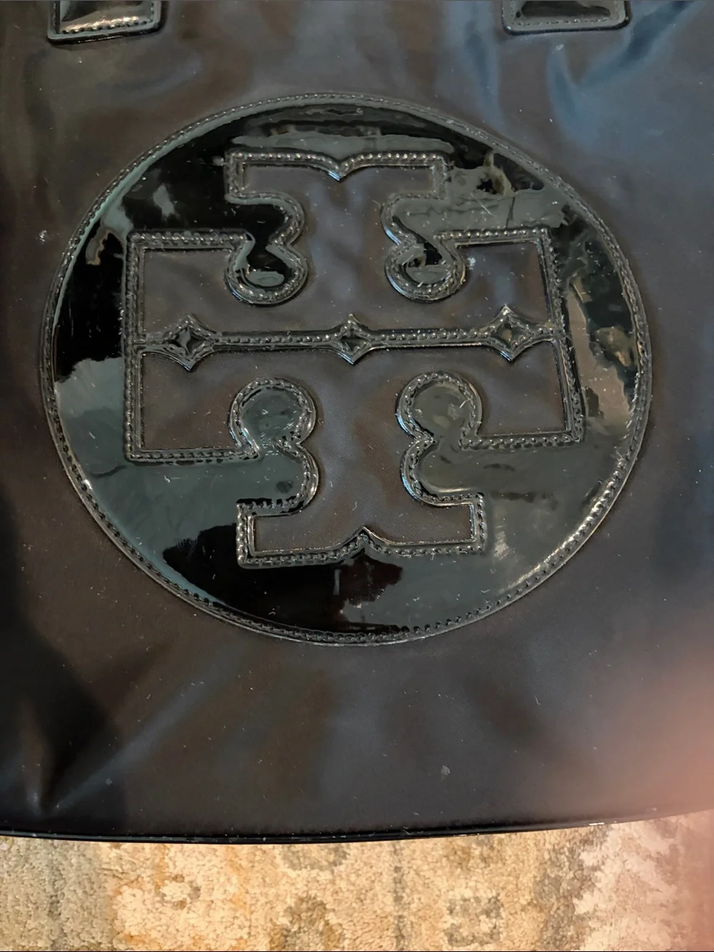 Tory Burch Ella Black Nylon Tote with Patent Logo